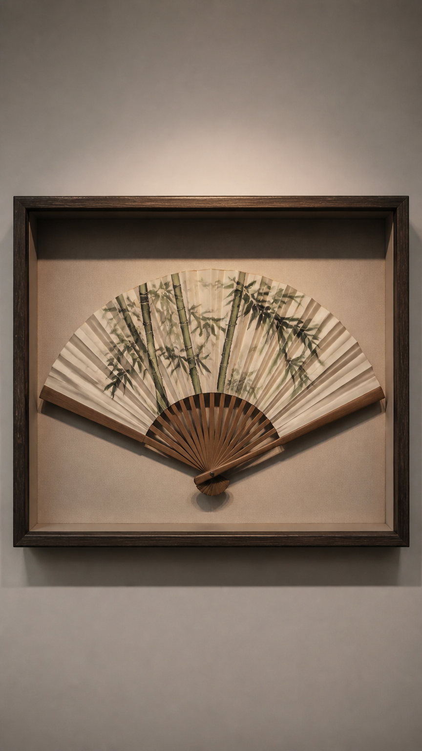 An open silk folding fan painted with delicate bamboo stalks, mounted inside a shadow box frame on a neutral wall, so...