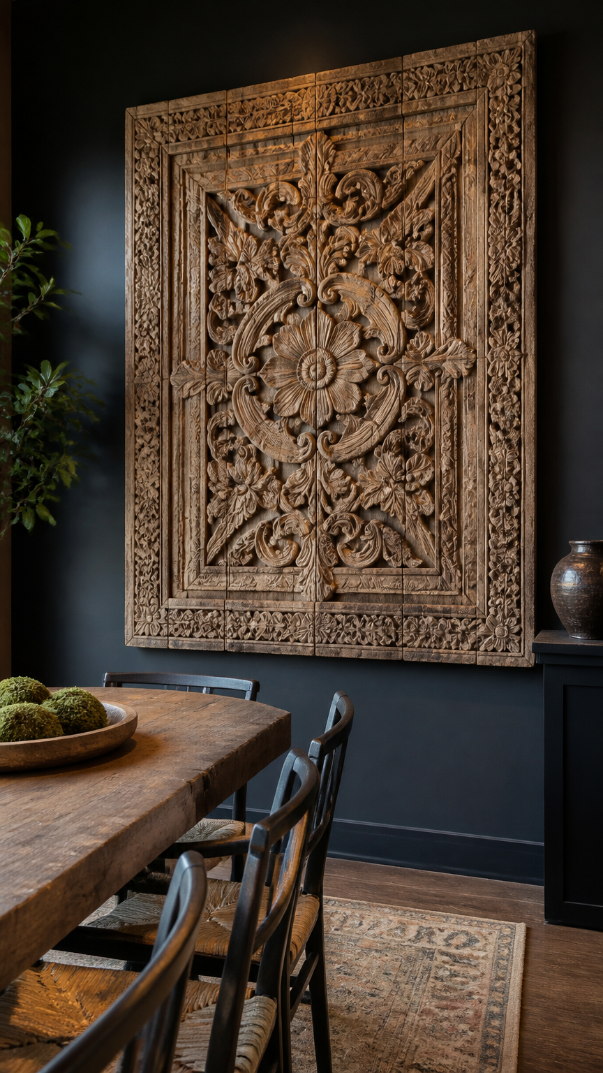 A large weathered wooden architectural panel with intricate floral carvings, mounted on a dark accent wall in a dinin...