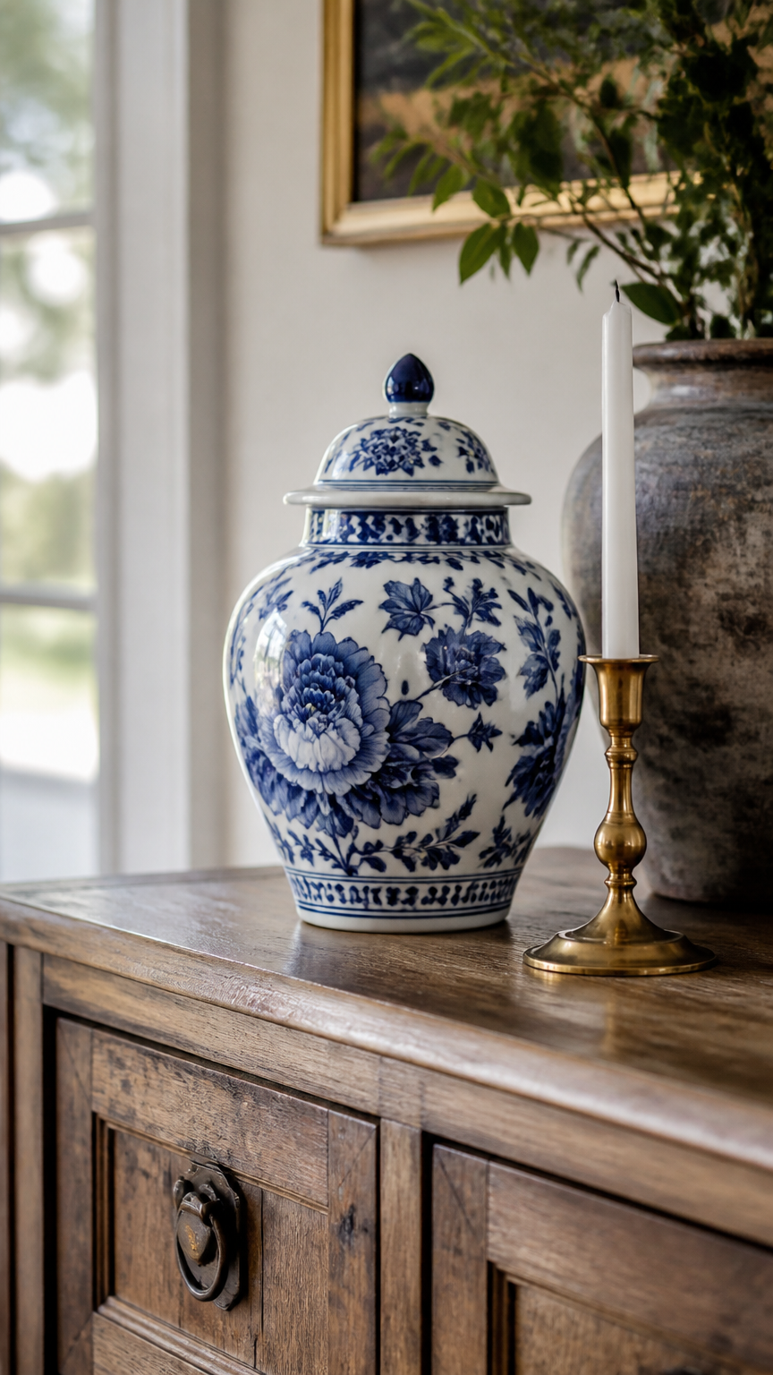 A white and blue porcelain ginger jar with floral motifs sitting on a reclaimed wood sideboard next to a brass candle...