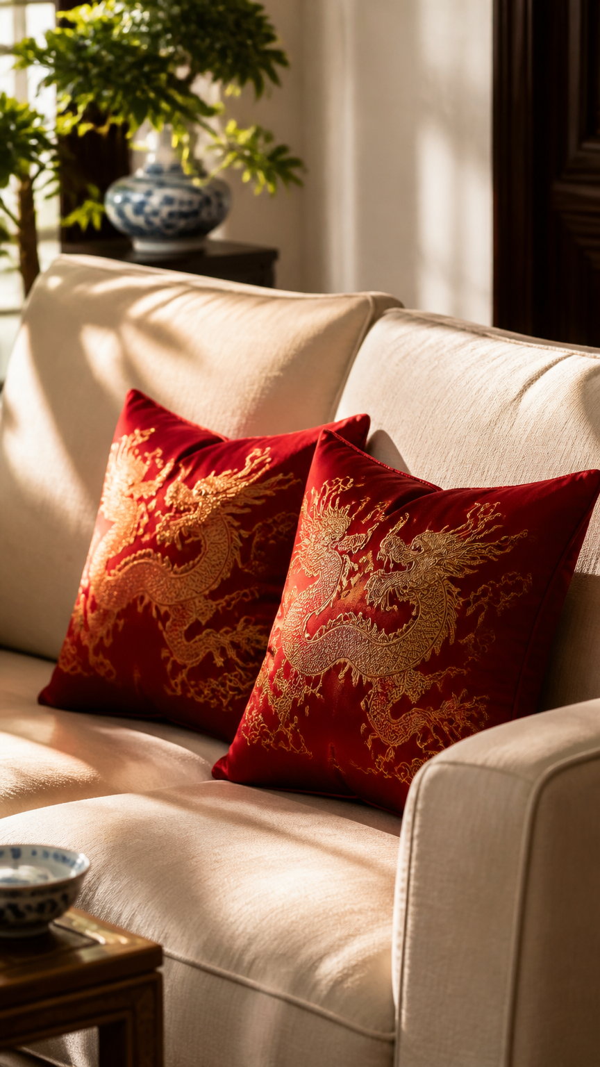 A cozy cream-colored sofa accented with two rich red silk brocade throw pillows featuring gold dragon embroidery, cap...