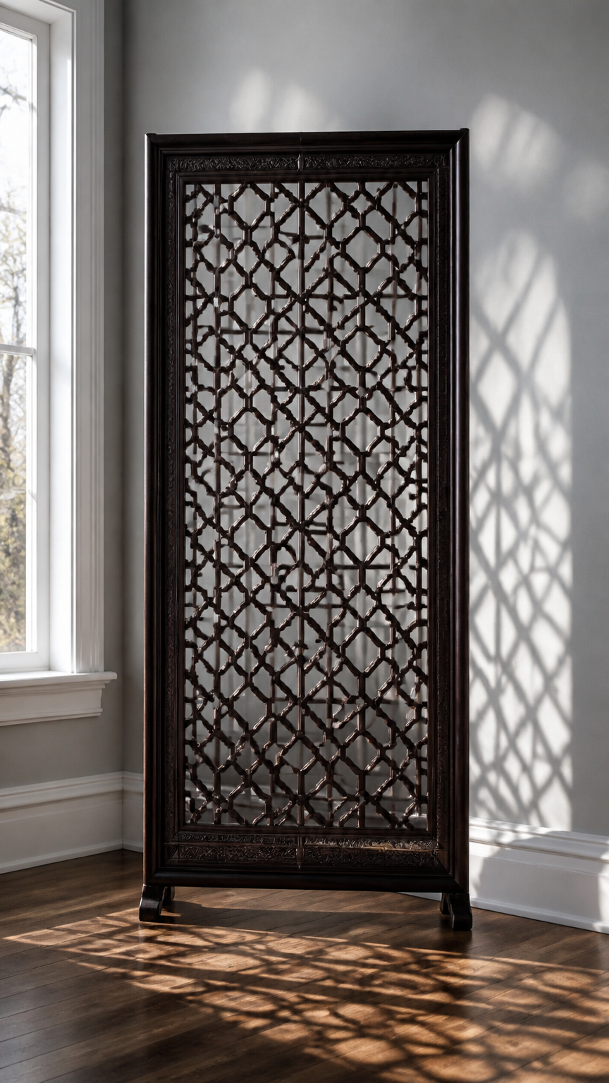 A freestanding dark wood carved lattice screen standing against a pale gray wall, casting intricate geometric shadows...