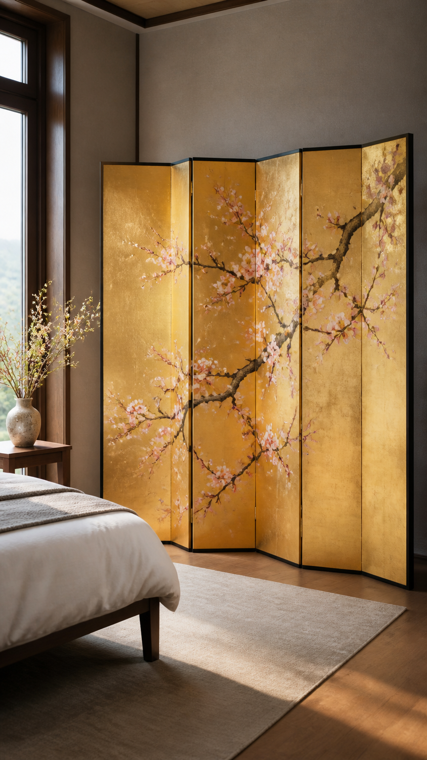 A tall four-panel room divider featuring painted cherry blossoms on gold silk, standing in a minimalist bedroom with...
