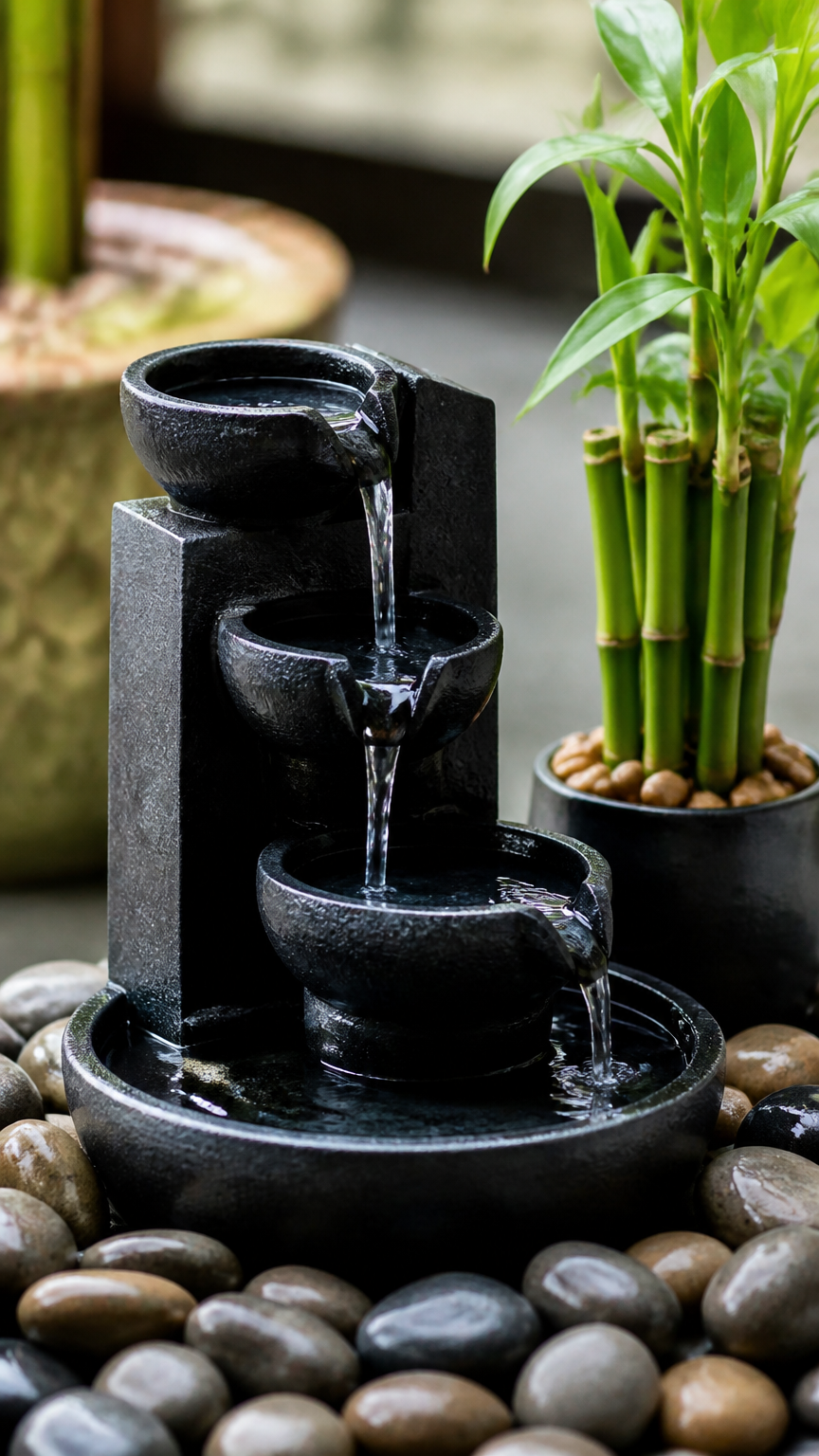 A small black stone tabletop fountain with trickling water, surrounded by smooth river stones and a tiny potted bambo...