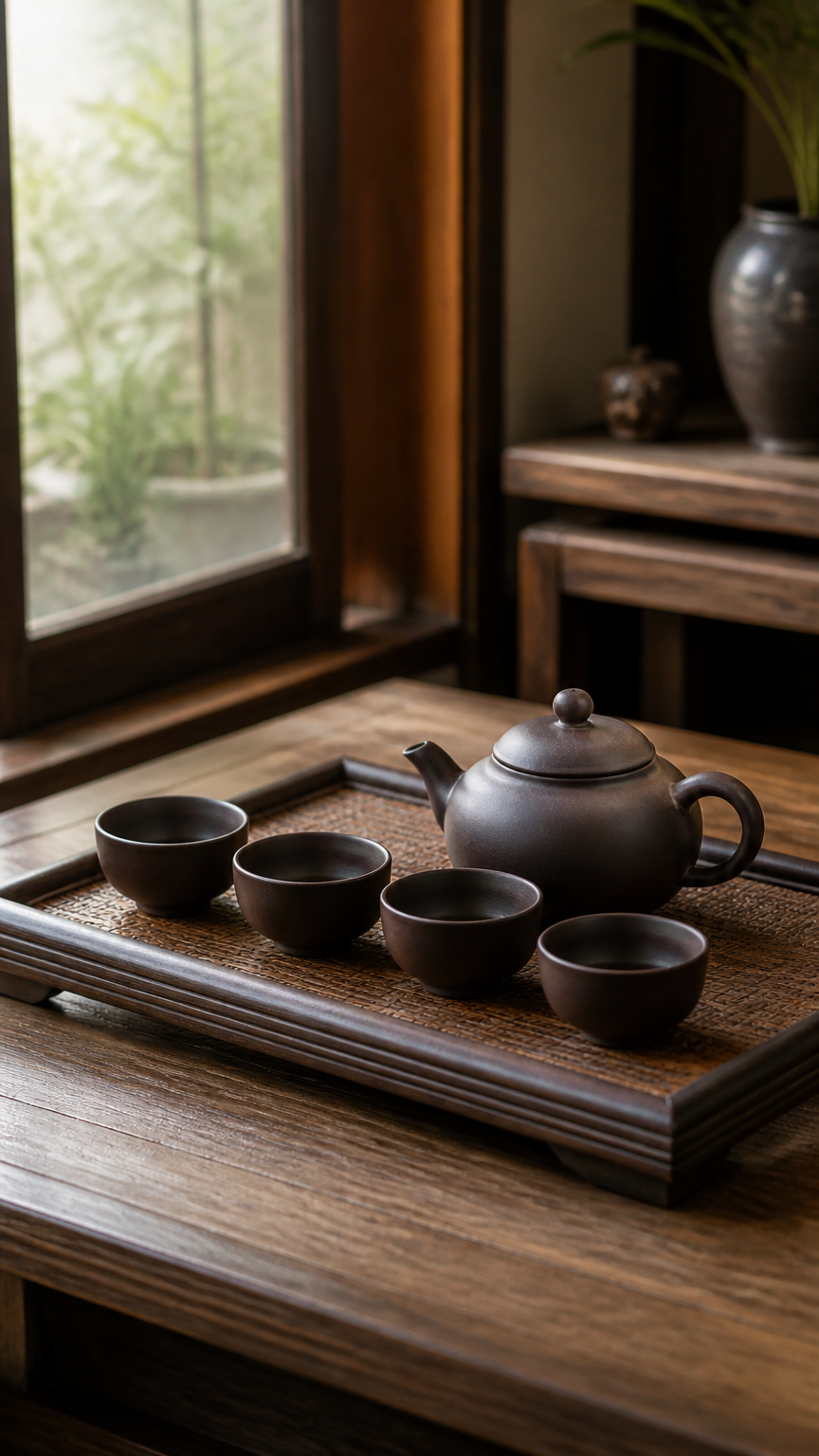 A dark clay Yixing teapot and four matching small cups arranged on a woven bamboo tea tray on a low wooden table, sof...