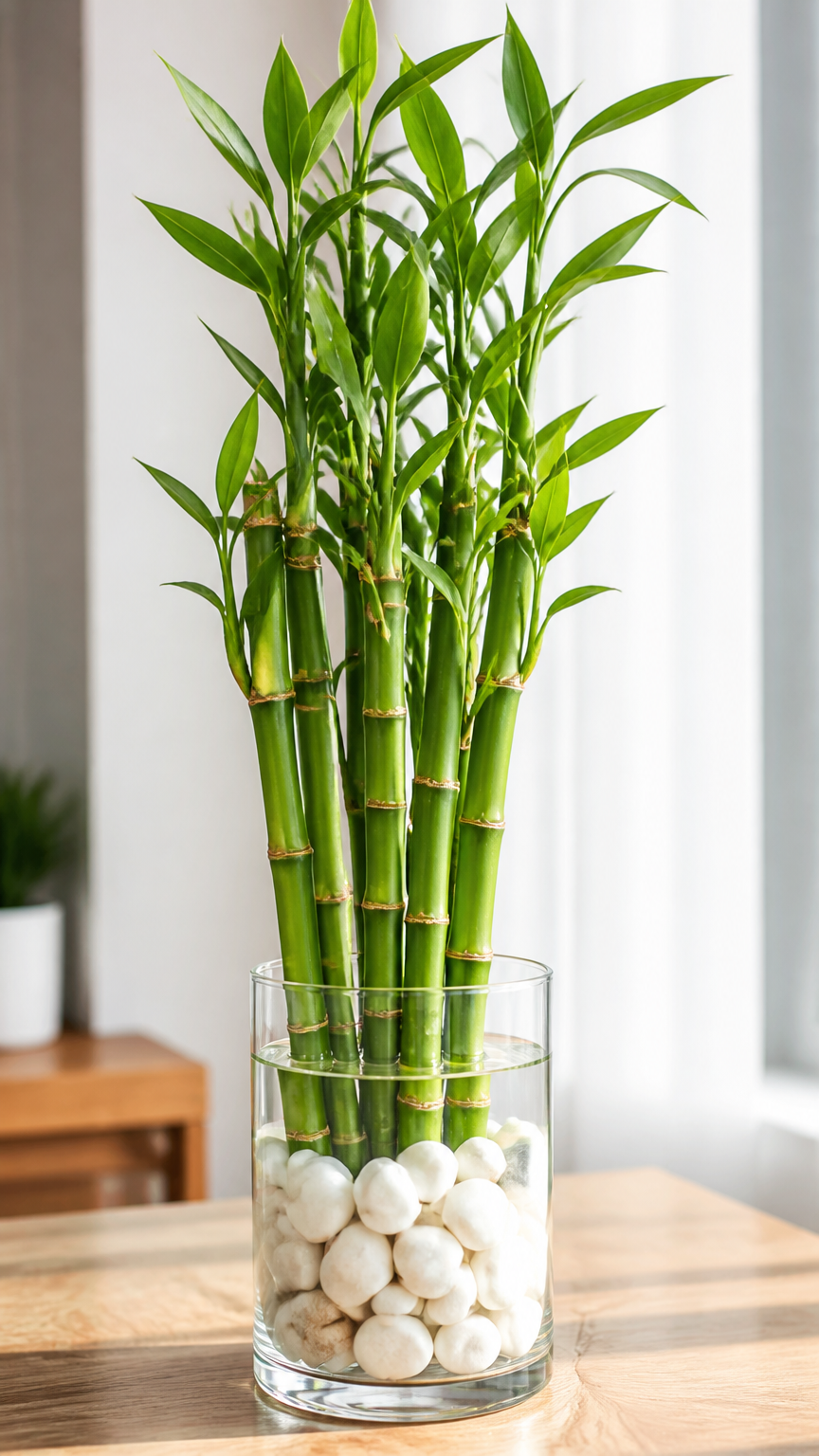 Several stalks of green lucky bamboo arranged in a clear cylindrical glass vase filled with polished white pebbles an...