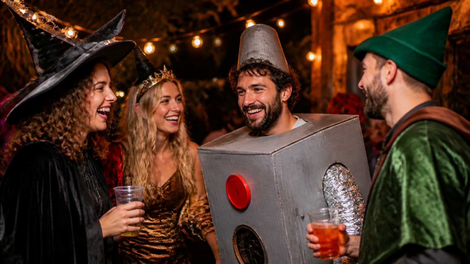 A candid, high-end DSLR photograph of a group of friends laughing together at a dimly lit autumn party, wearing cleve...