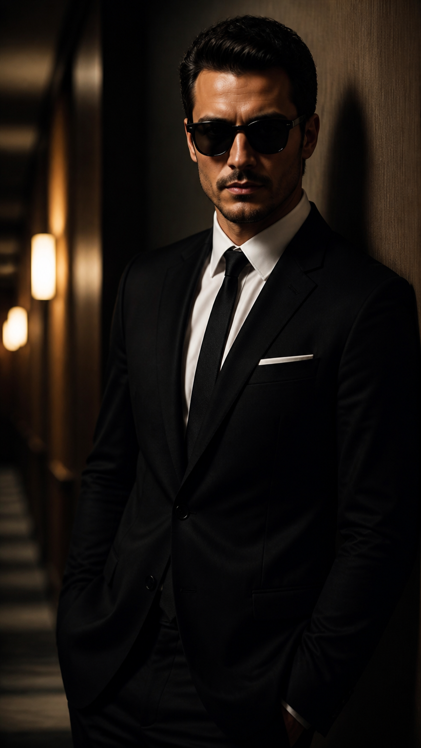 A sharp, crisp photograph of a person wearing a crisp black suit, a white dress shirt, a skinny black tie, and dark s...