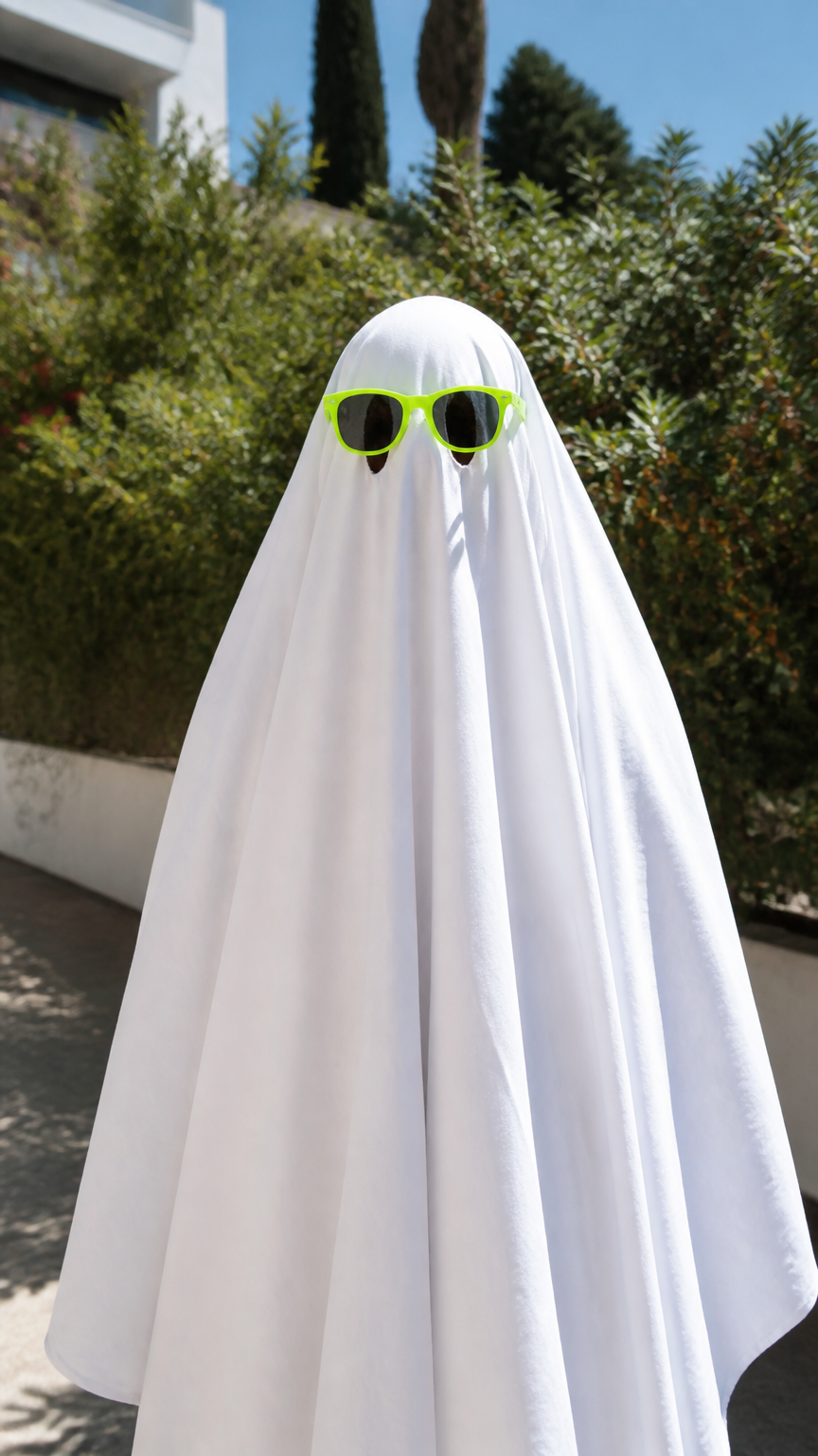 A crisp photograph of a person wearing a classic white bedsheet ghost costume with two eye holes cut out, wearing tre...