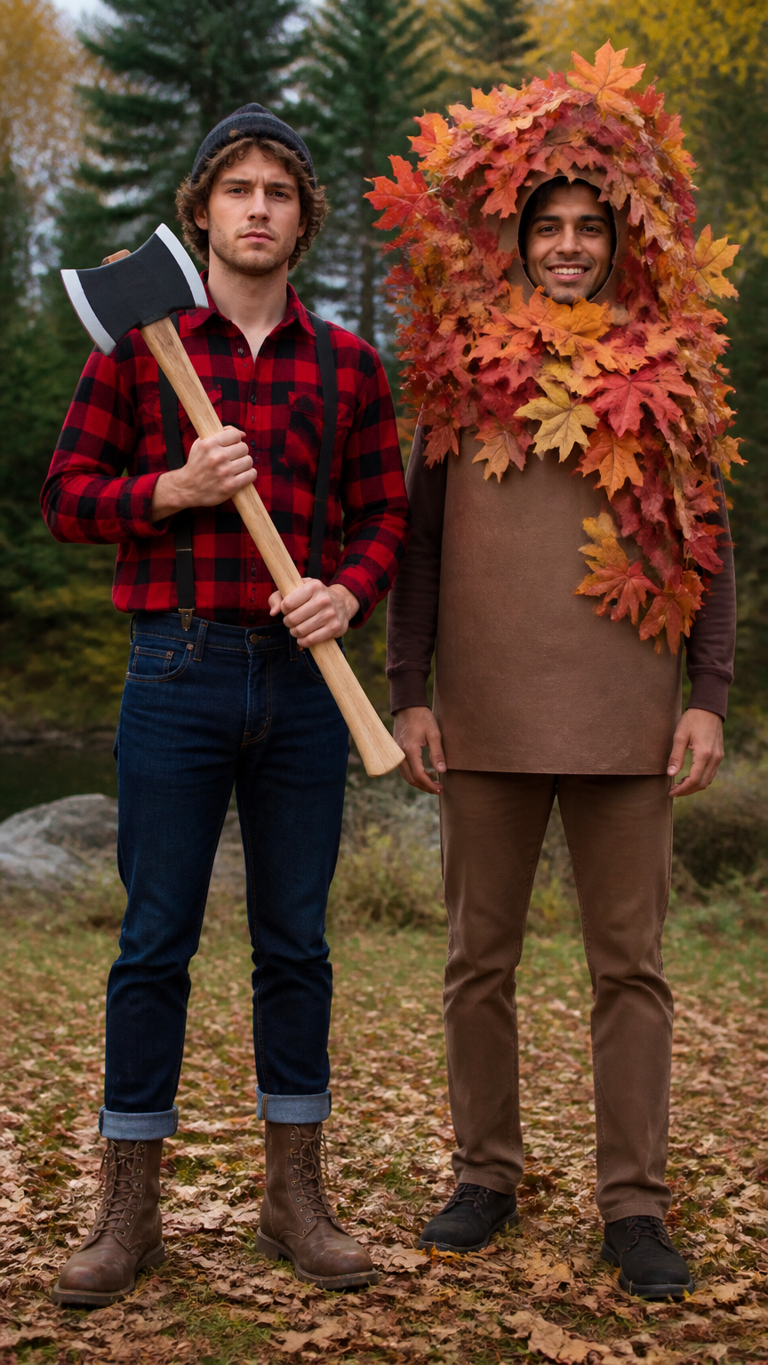 A detailed photograph of a person in a red flannel shirt holding a toy axe, standing next to a friend wearing brown p...