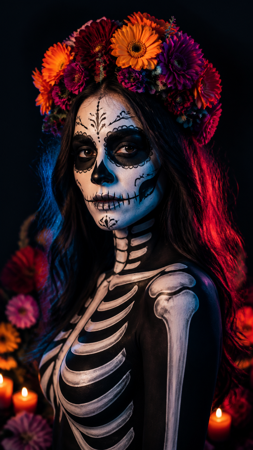 A vibrant photograph of a person with black clothing painted with white bones, wearing a bright floral crown on their...