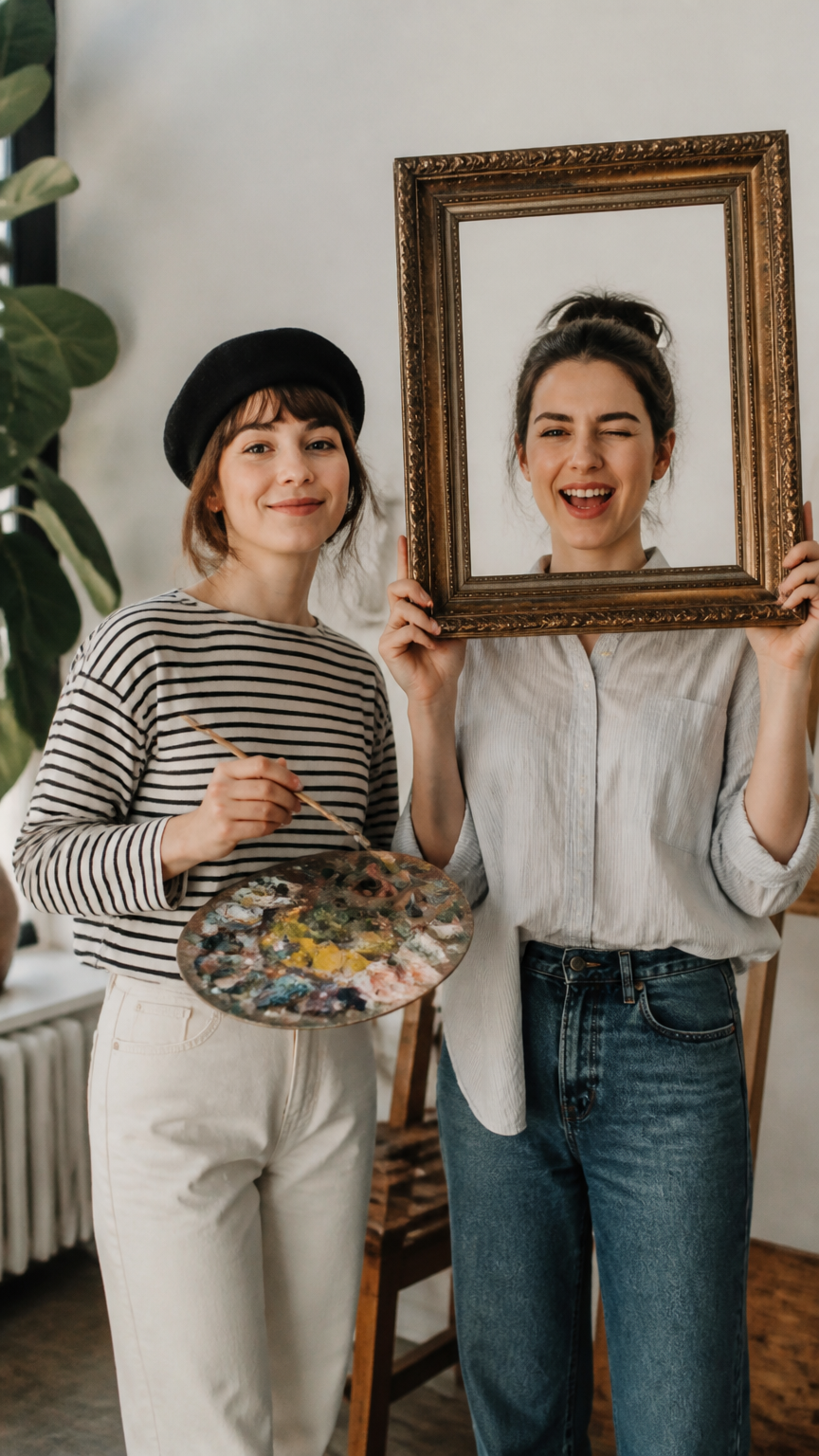 A bright photograph of a person wearing a striped shirt and a beret holding a paint palette, standing next to a frien...