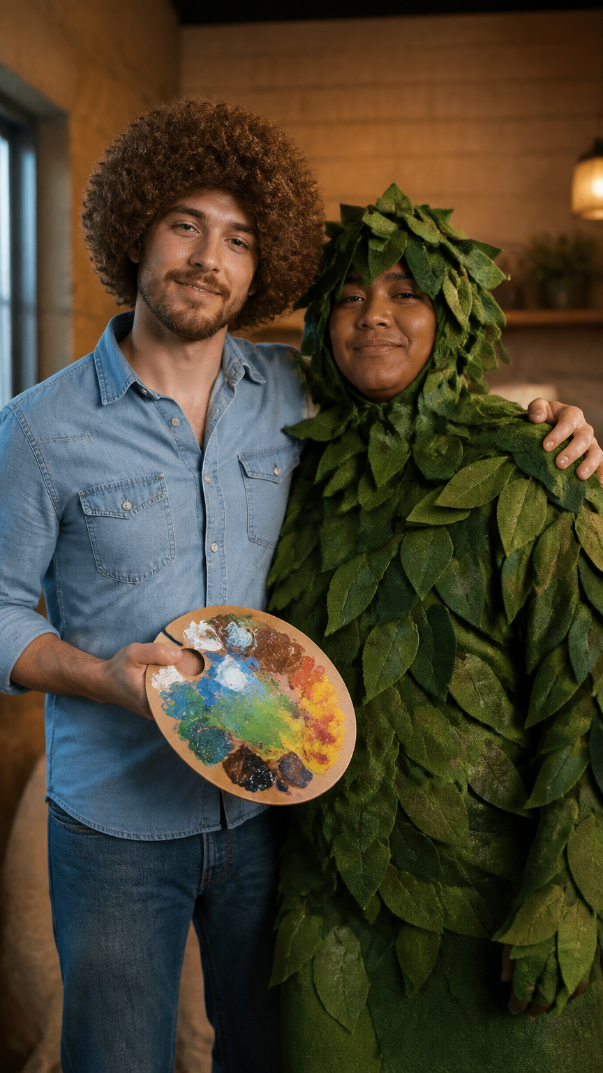 A clear photograph of a person wearing a curly brown wig, a denim shirt, holding a paint palette, standing next to a...