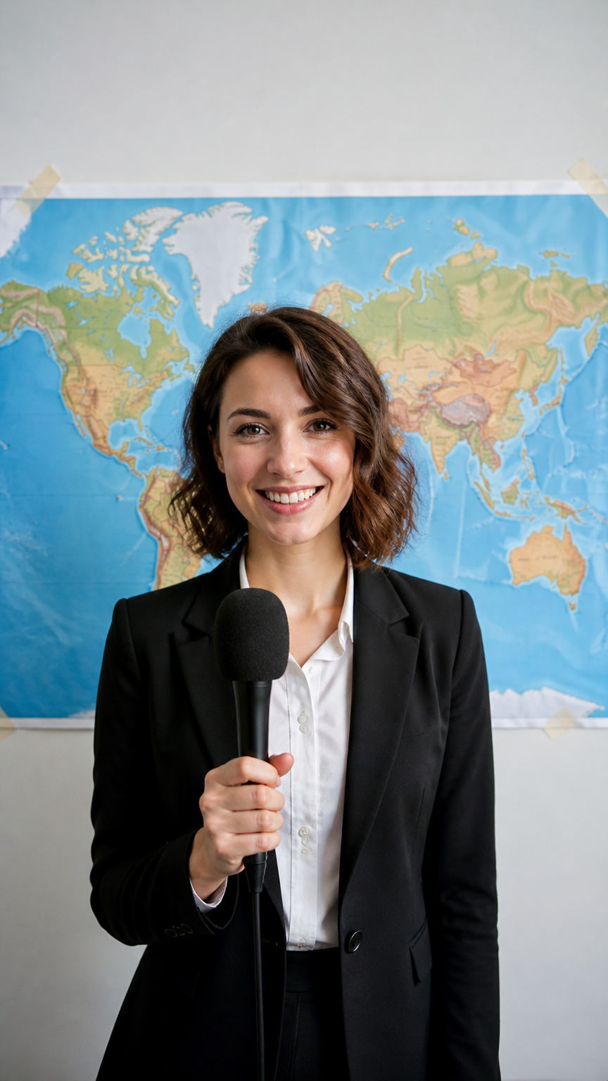 A crisp photograph of a person wearing a sharp business blazer, holding a microphone prop, with a blue poster board m...