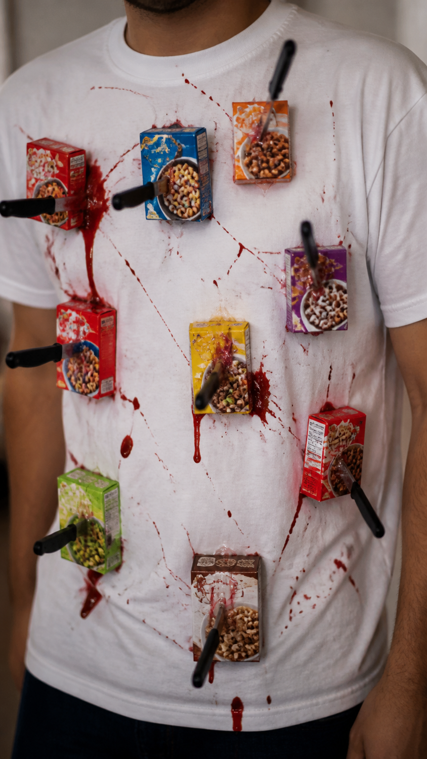 A close-up photograph of a person wearing a plain white t-shirt covered in miniature cereal boxes with toy plastic kn...
