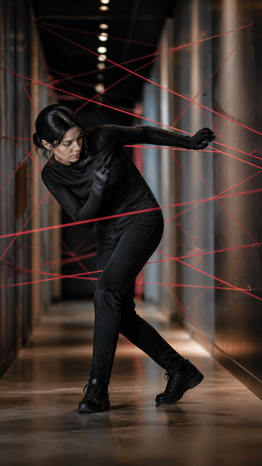 A sharp photograph of a person wearing all black clothing, dodging multiple bright red yarn strings stretched across...