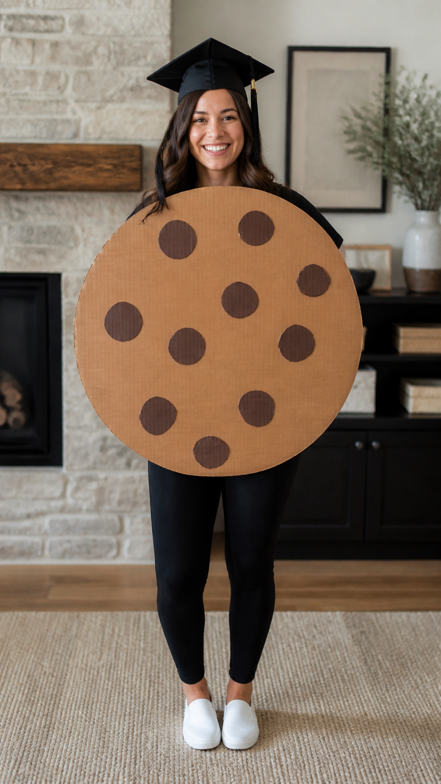 A bright, sharp photograph of a person wearing a brown cardboard circle with dark brown painted chocolate chips, wear...