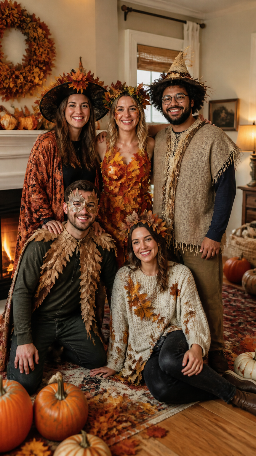 A warm, high-end photograph of a group of smiling friends in their creative handmade costumes, celebrating together i...