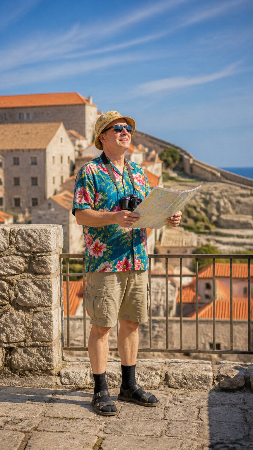 A vibrant, sharp photograph of a person wearing a loud Hawaiian shirt, a bucket hat, black socks with sandals, holdin...