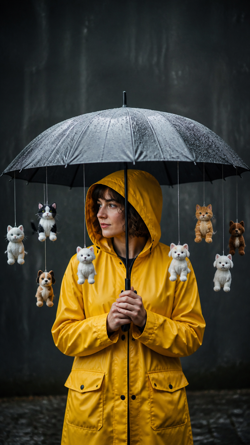 A crisp photograph of a person holding an open umbrella, with small stuffed toy cats and dogs dangling from the rim o...