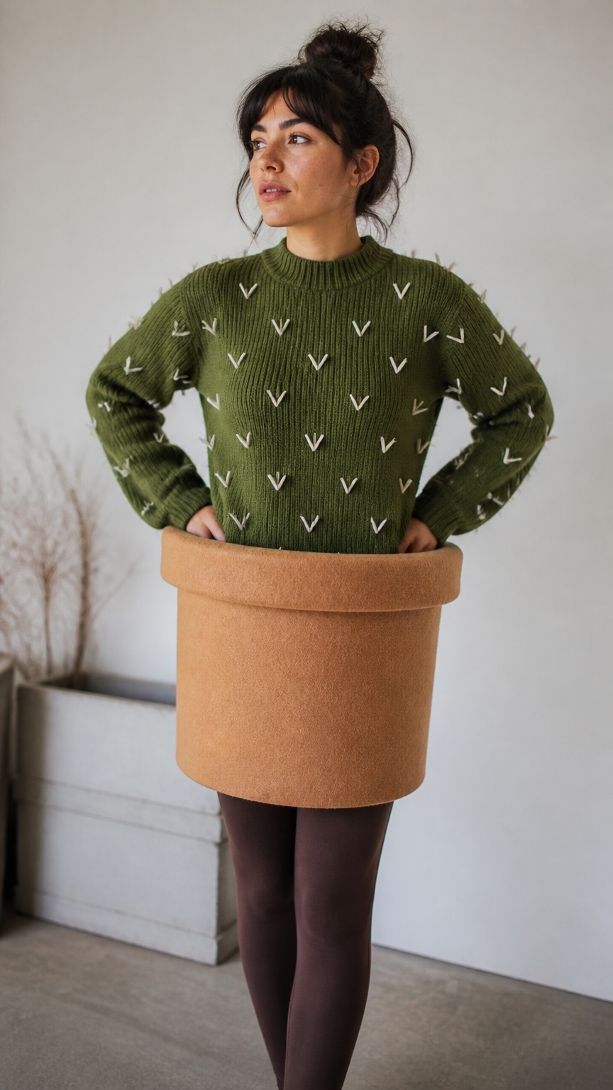 A detailed photograph of a person wearing a green sweater with white yarn stitched on in v-shapes to mimic spikes, we...
