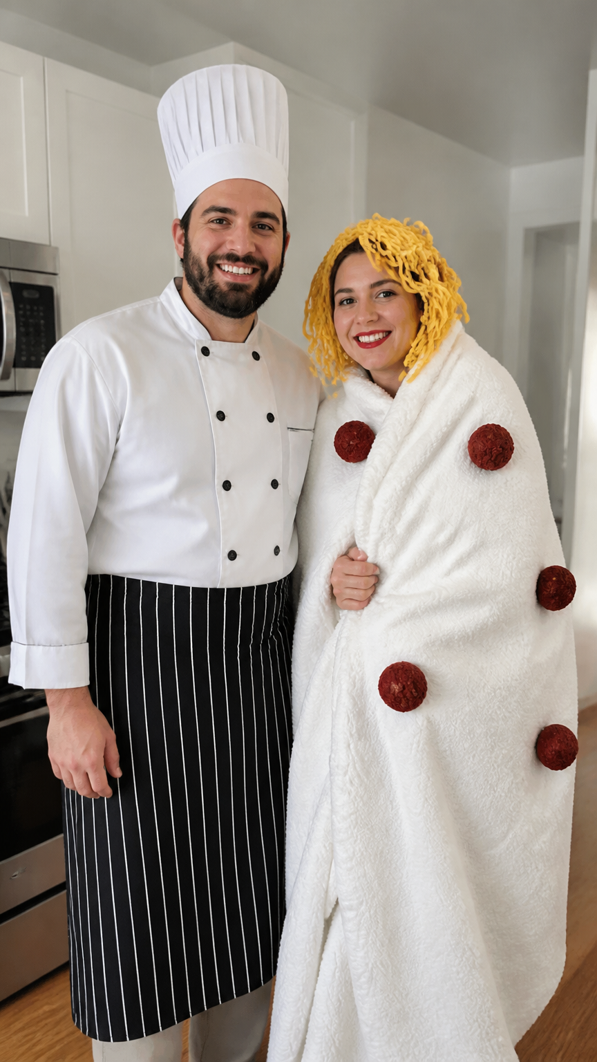 A bright, clear photograph of a person dressed as a chef standing next to a friend wrapped in a white blanket with ye...