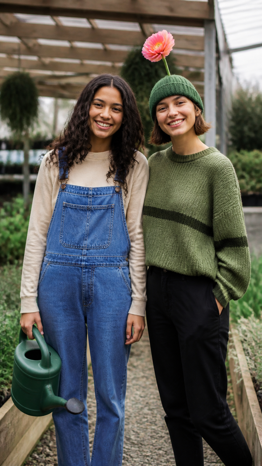 A clear, sharp photograph of a person dressed in denim overalls holding a plastic watering can, standing next to a fr...