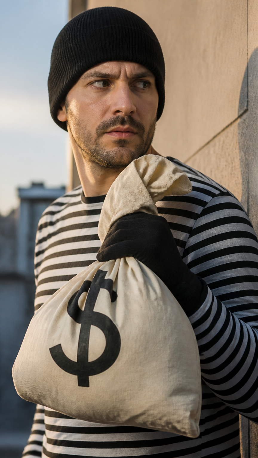 A sharp, close-up photograph of a person wearing a black and white striped long-sleeve shirt, a black beanie, holding...