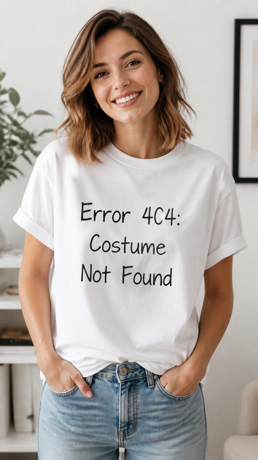 A clean, minimalist photograph of a person wearing a plain white t-shirt with bold black handwritten text that reads...