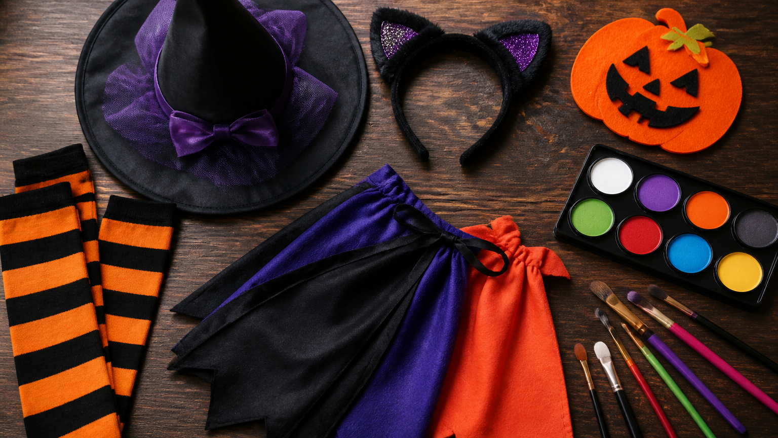 A vibrant flat lay photograph of various Halloween costume pieces, including a witch hat, cat ears, striped socks, fe...
