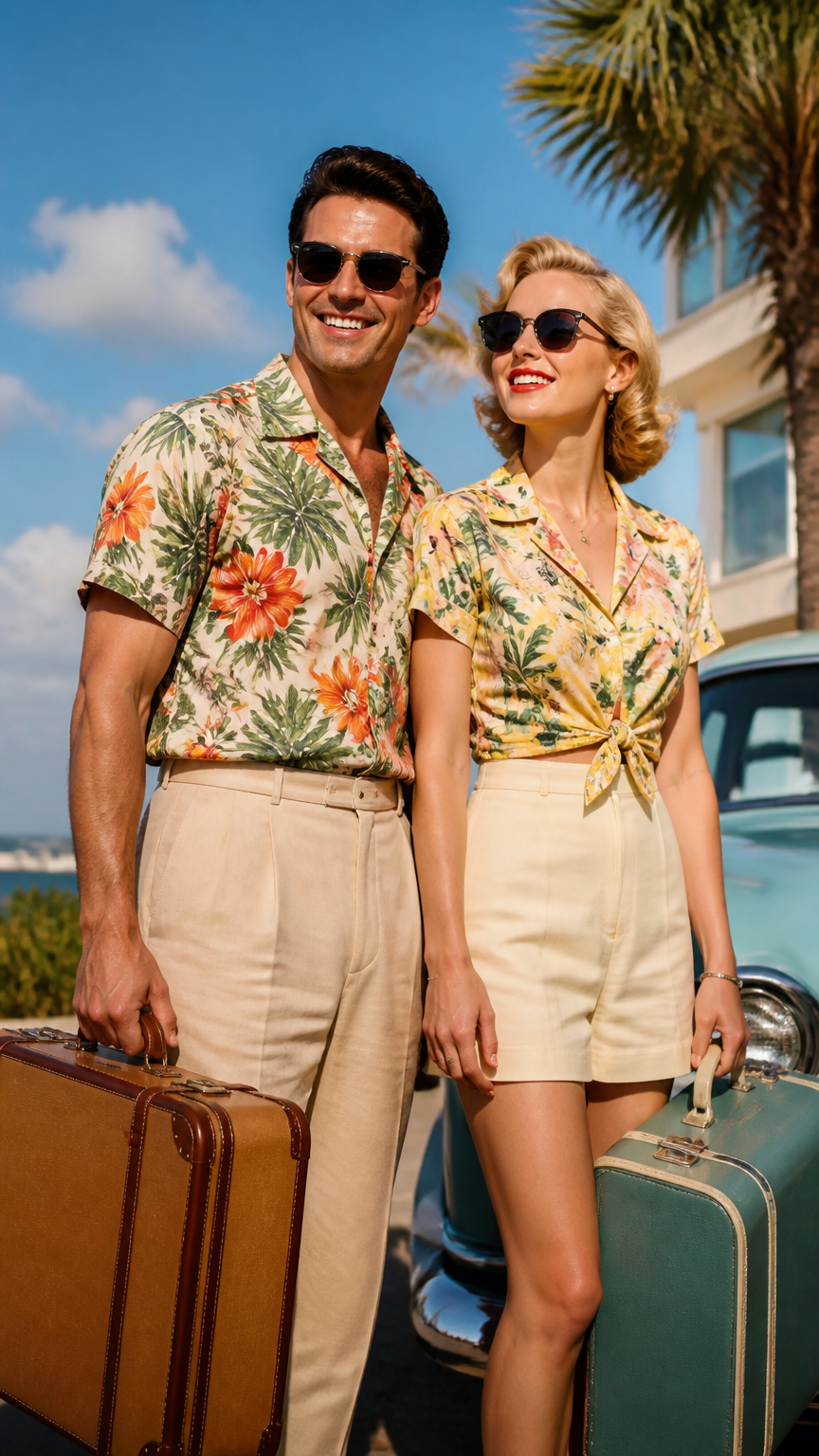 A cheerful photograph of two people dressed in 1950s retro vacation clothing, wearing sunglasses, Hawaiian shirts, an...