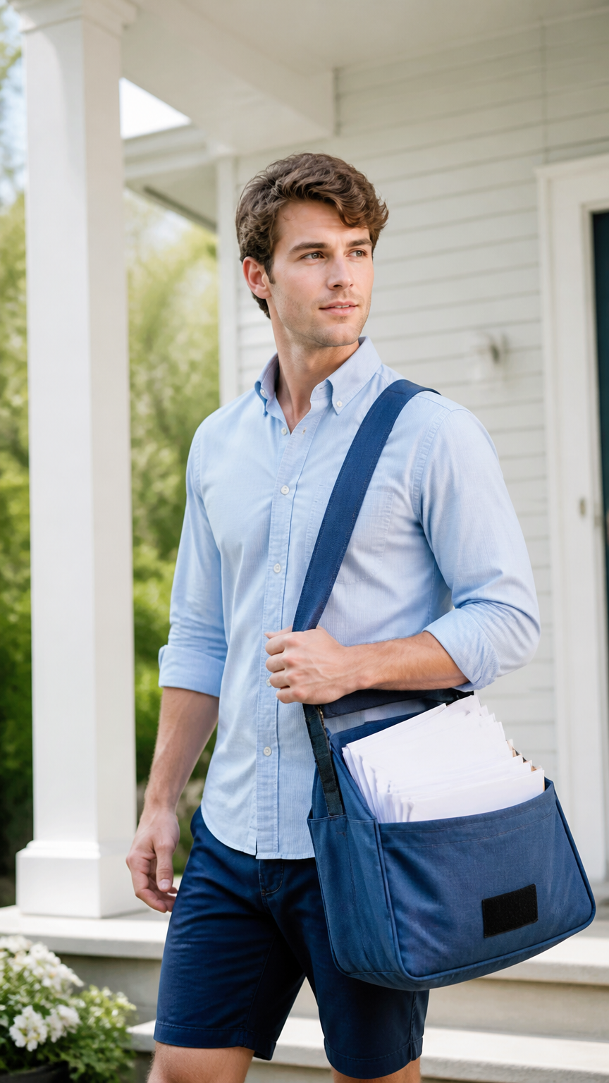 A clean photograph of a person wearing a light blue button-down shirt, dark blue shorts, carrying a blue satchel bag...