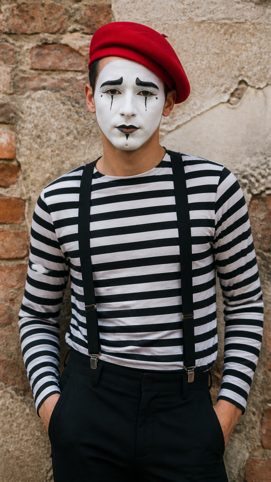A crisp photograph of a person wearing a black and white horizontal striped shirt, white face paint with dramatic bla...