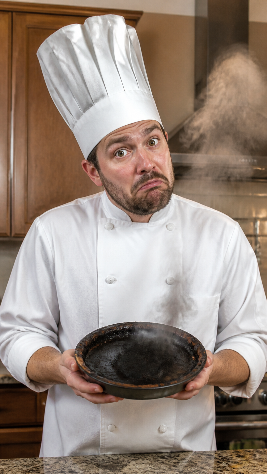 A humorous photograph of a person wearing a white chef coat and a tall paper chef hat, holding a blackened, smoking t...