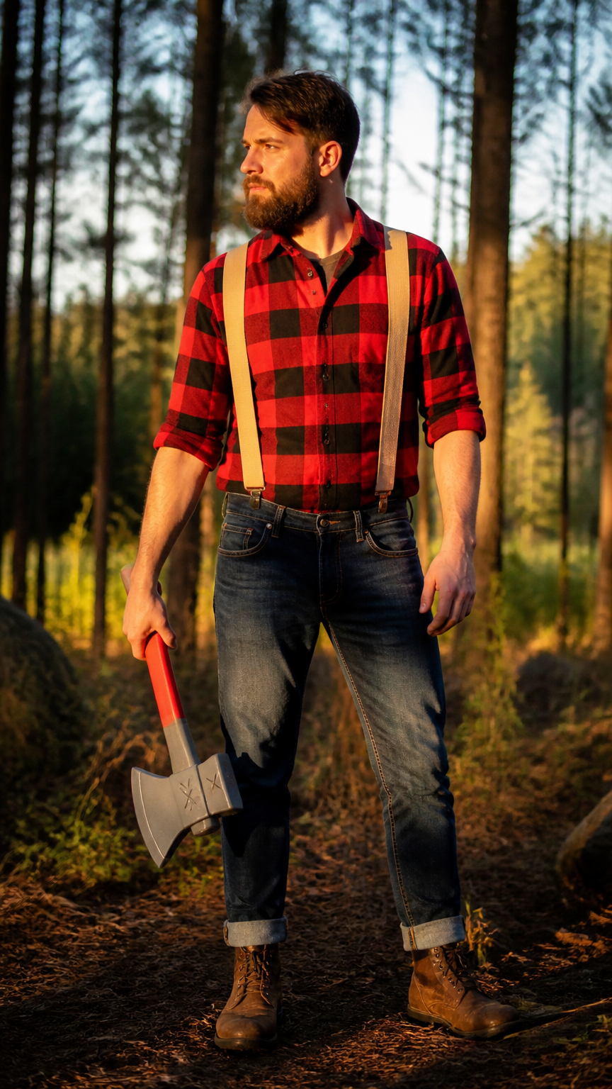 A rustic photograph of a person wearing a red and black flannel shirt, denim jeans, suspenders, and holding a lightwe...