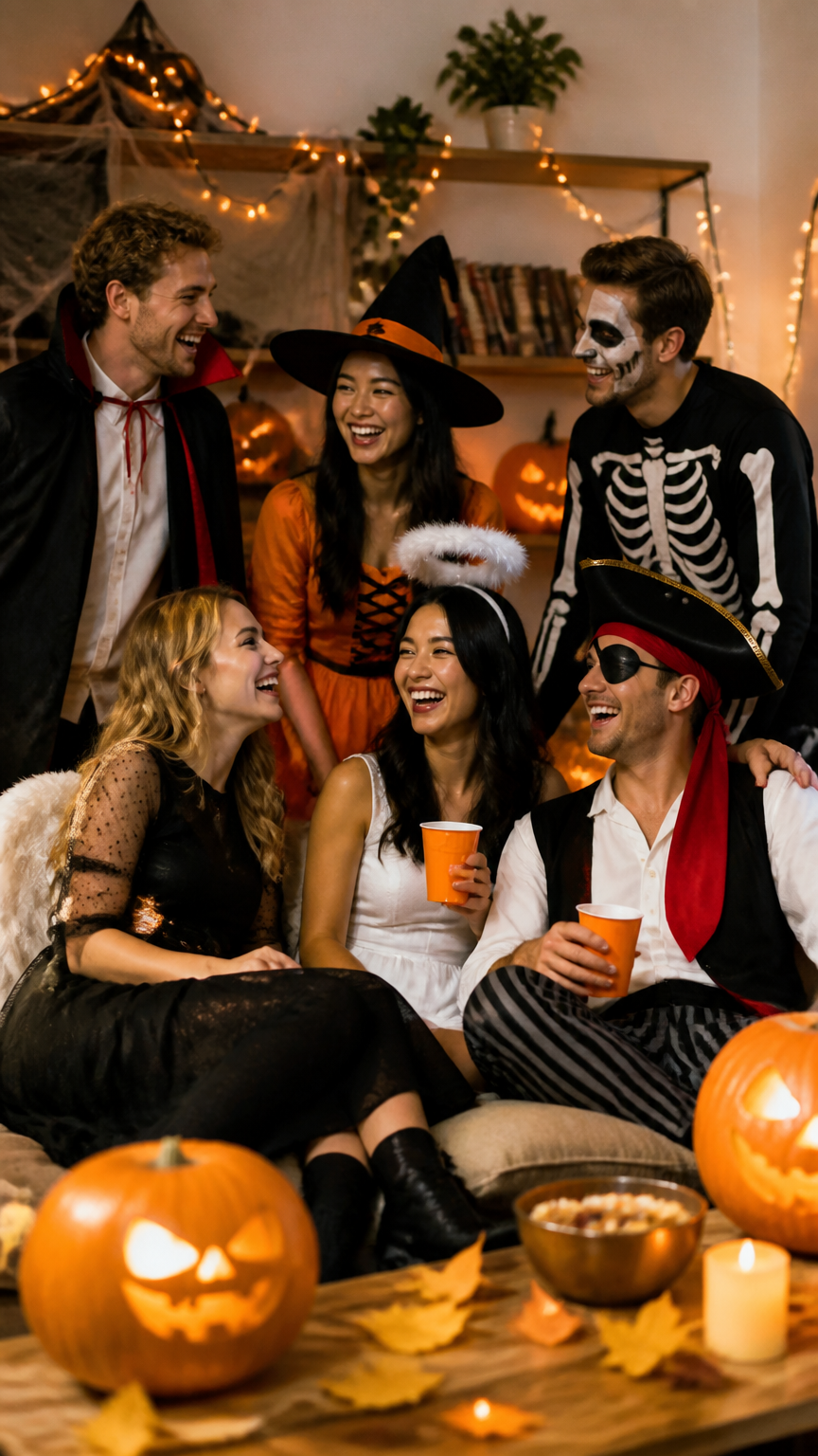 A warm, inviting photograph of a group of friends in various clever costumes smiling and laughing together around a d...