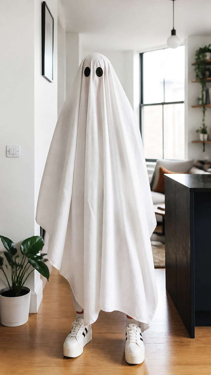 A stylish fashion photograph of a person wearing a classic white cotton sheet ghost costume with neatly cut circle ey...
