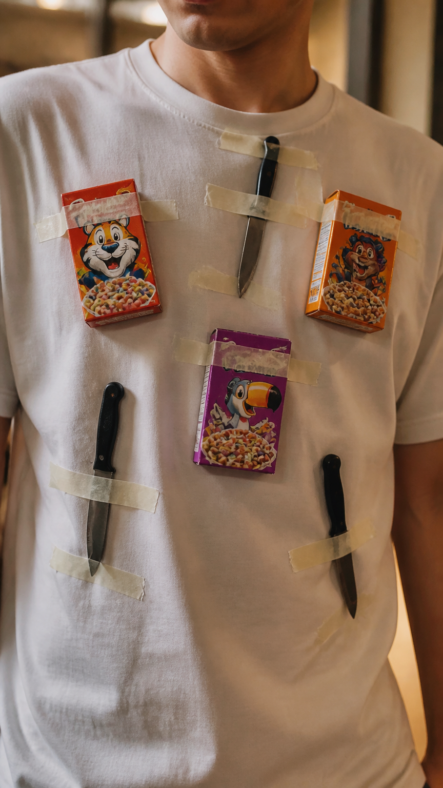 A close-up photograph of a casual outfit featuring a plain t-shirt adorned with miniature cereal boxes and small plas...