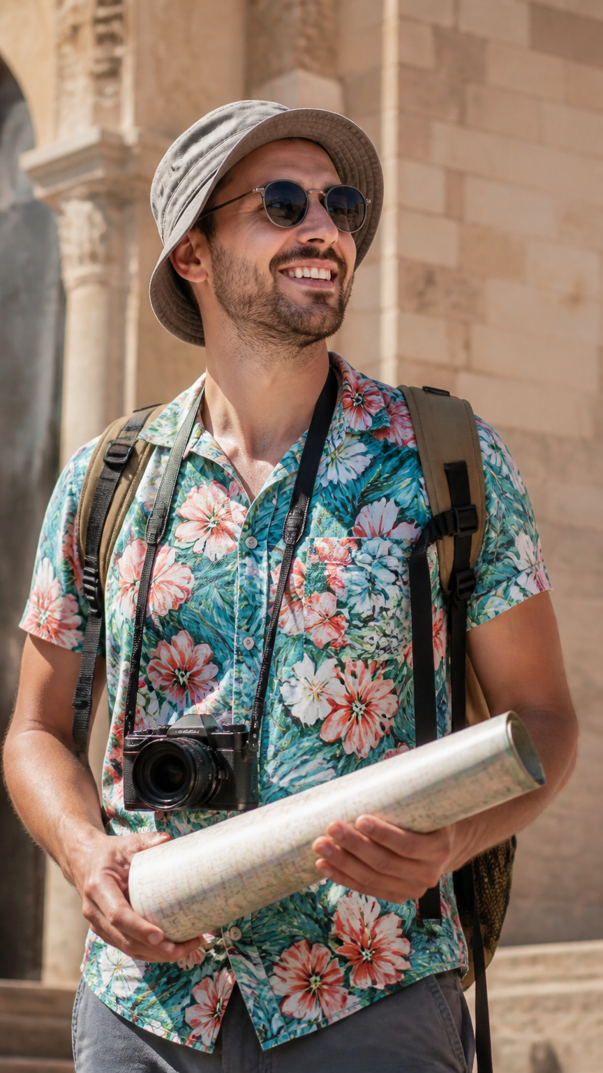 A bright outdoor photograph of a person dressed as a vacation tourist wearing a colorful floral Hawaiian shirt, a buc...
