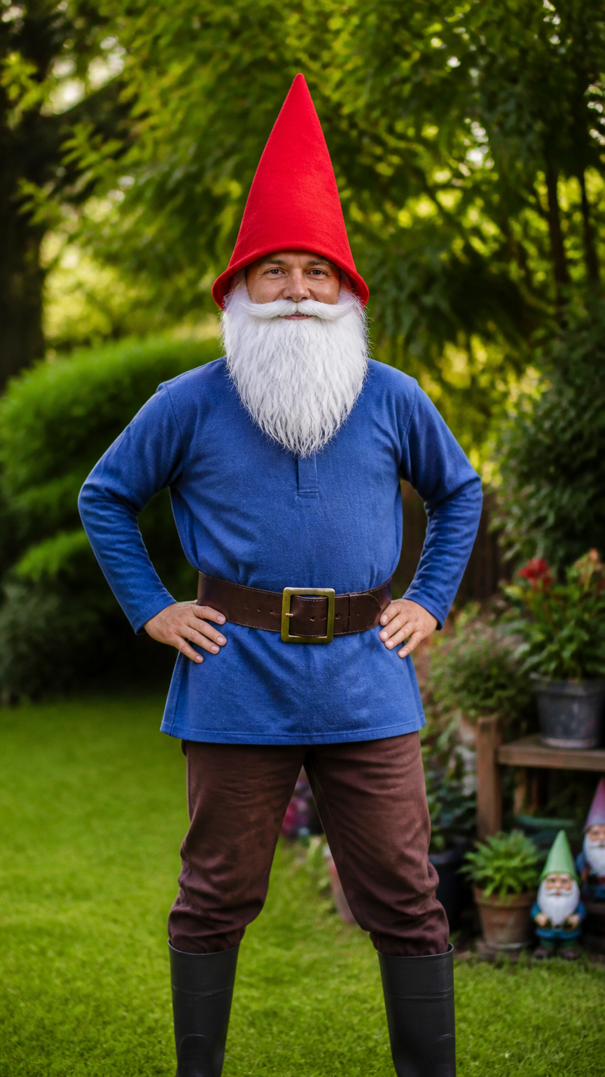A whimsical photograph of a person wearing a bright red conical felt hat, a fluffy white fake beard, and a blue tunic...