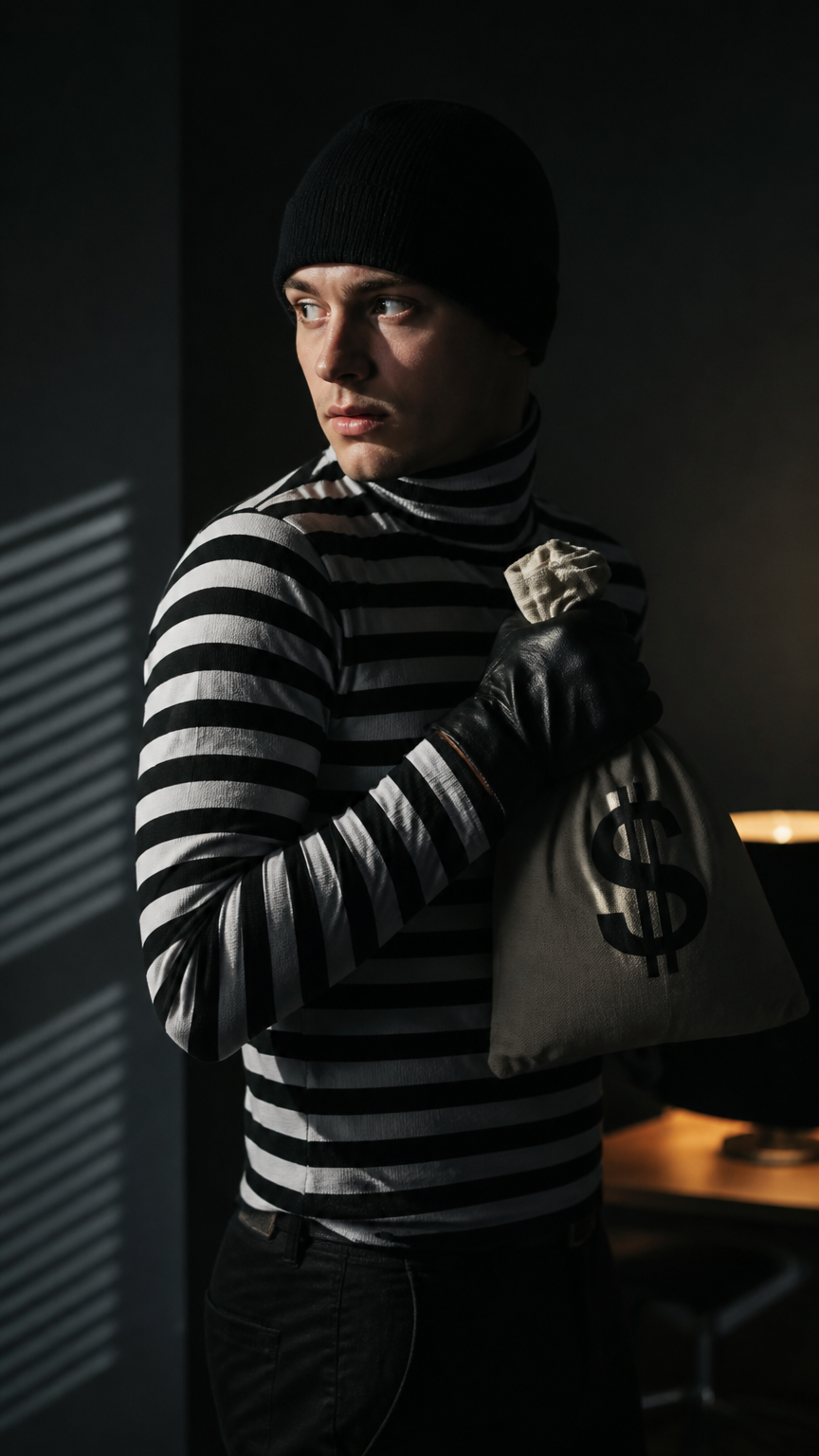 A sleek photograph of a person wearing a black and white striped turtleneck shirt, a black beanie, black gloves, and...