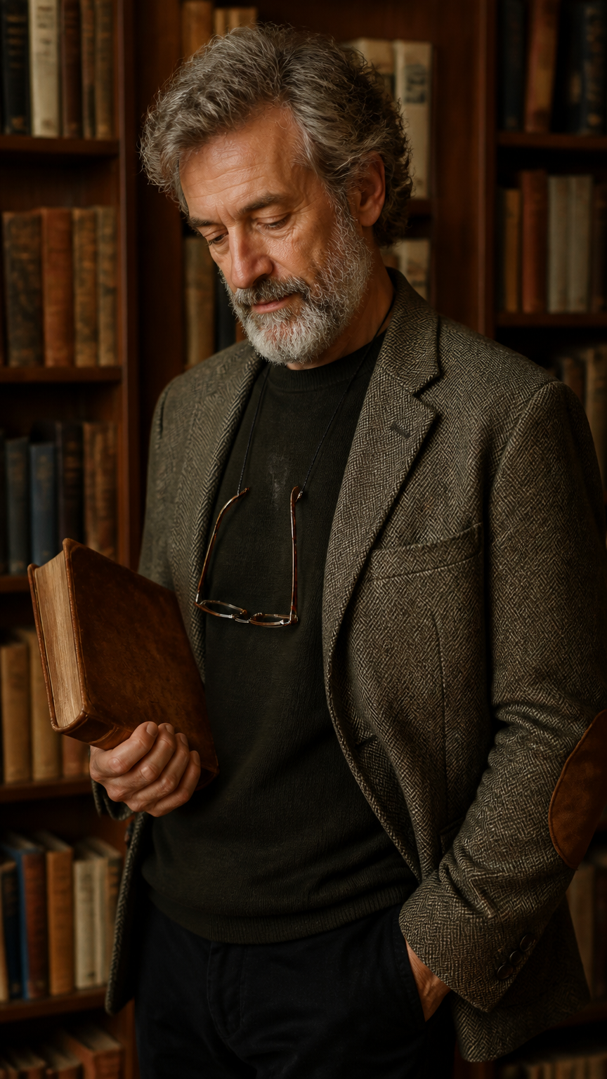 A cozy photograph of a person wearing a tweed blazer with elbow patches, reading glasses on a chain, and holding a le...