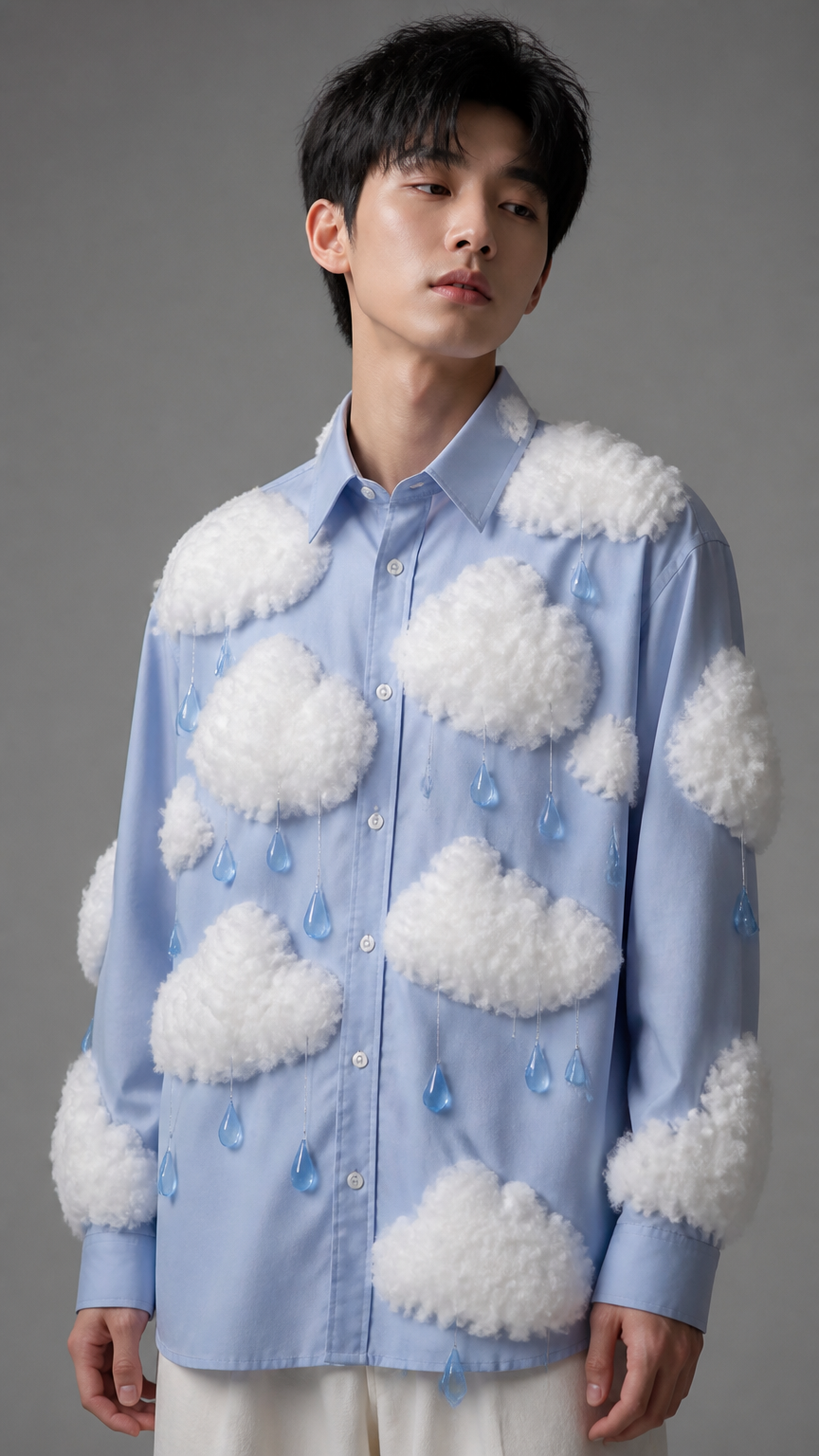 A creative photograph of a person wearing a blue shirt covered in fluffy polyester batting fiber clouds and small pla...