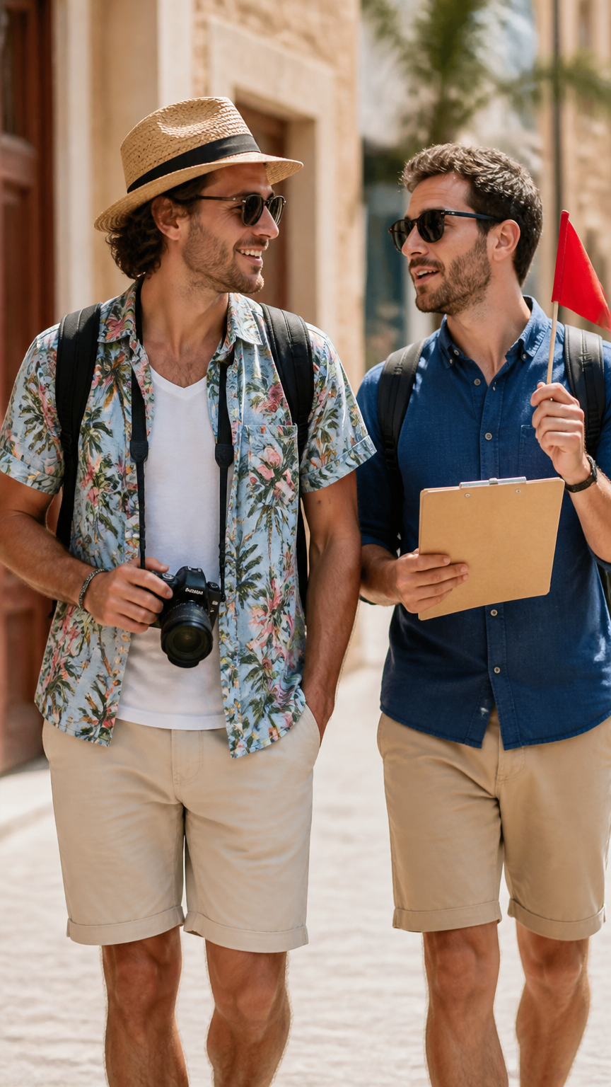 A candid photograph of two friends on vacation attire, one wearing a Hawaiian shirt with a camera around their neck a...