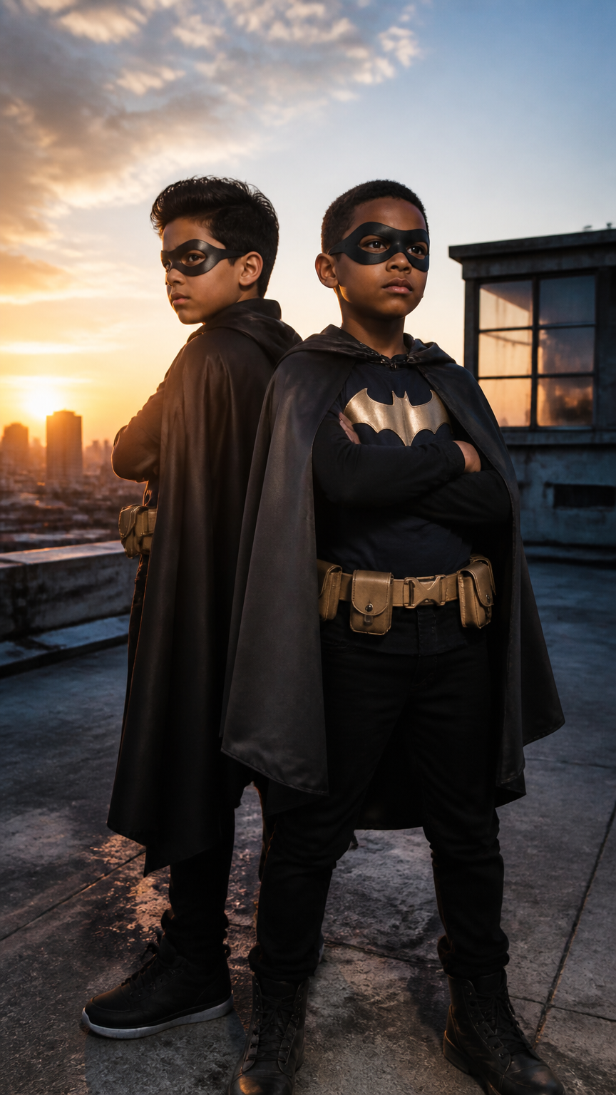A sharp, clear photograph of two friends dressed as comic book heroes wearing dark capes and homemade utility belts,...