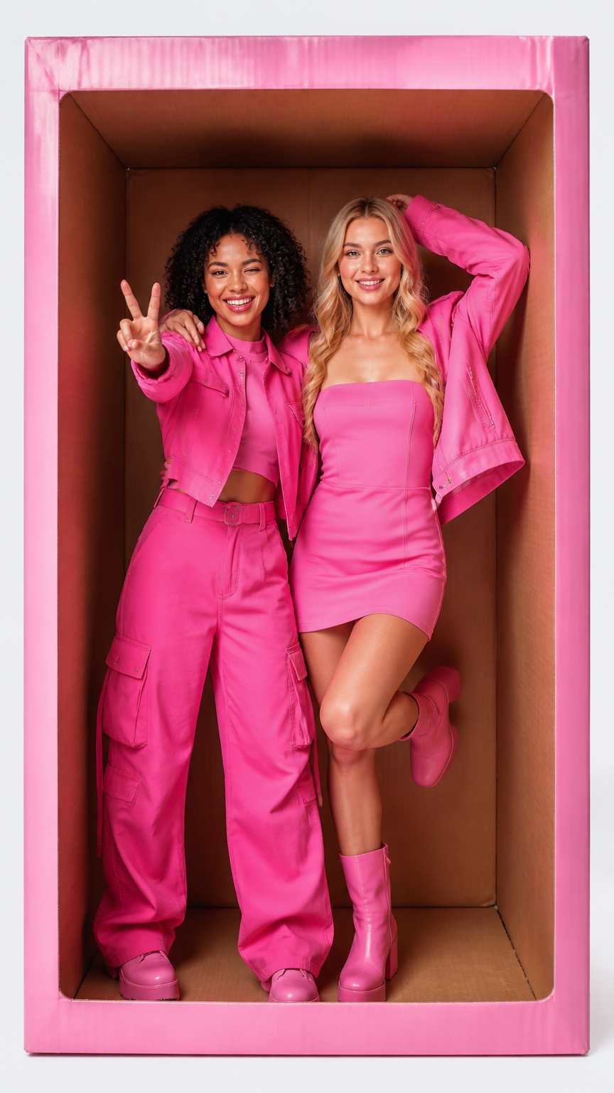 A bright, cheerful photograph of two friends dressed in vibrant pink fashion outfits, posing inside a giant cardboard...