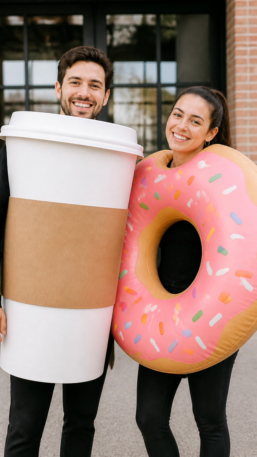 A crisp photograph of two friends posing together, one wearing a cardboard cutout shaped like a large white coffee cu...