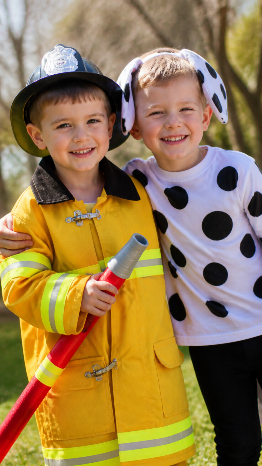 A clear photograph of two friends, one wearing a yellow firefighter jacket holding a red toy hose, the other wearing...