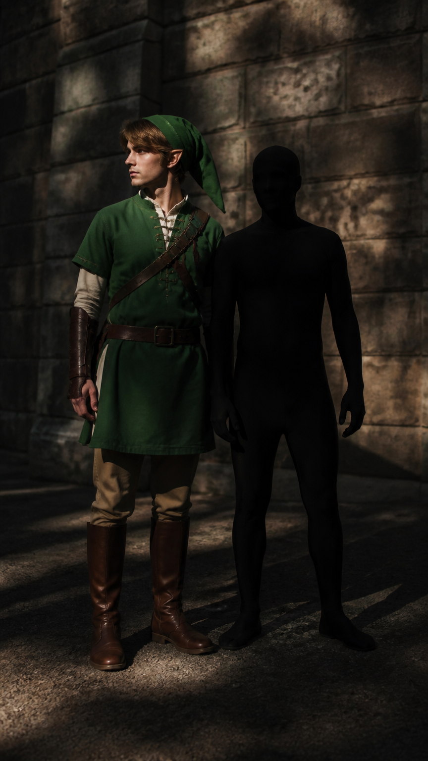 A moody photograph of two friends standing side by side, one dressed in a green tunic and cap, the other wearing an a...