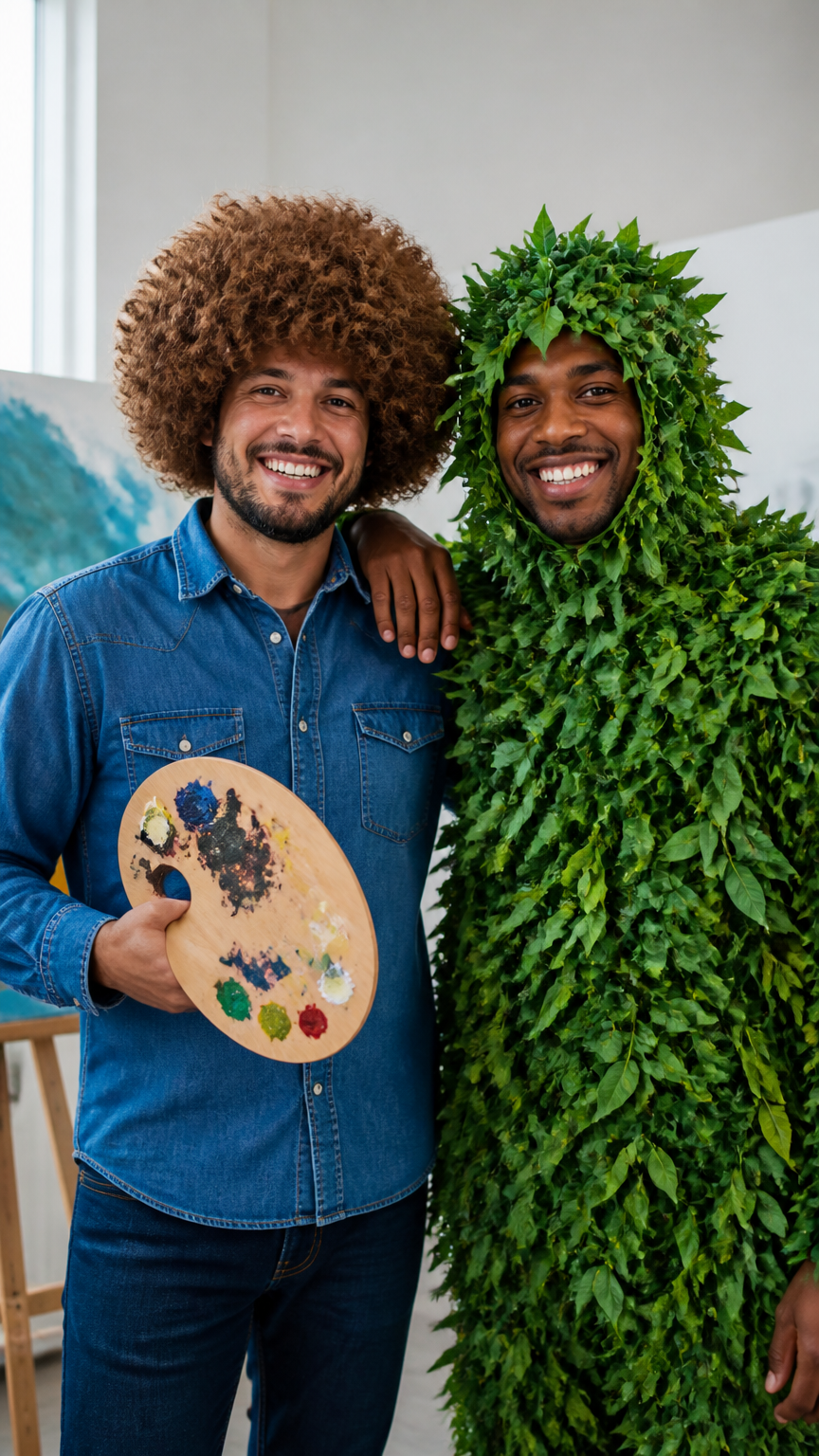 A bright photograph of two friends, one wearing a curly brown afro wig and a denim shirt holding a wooden paint palet...