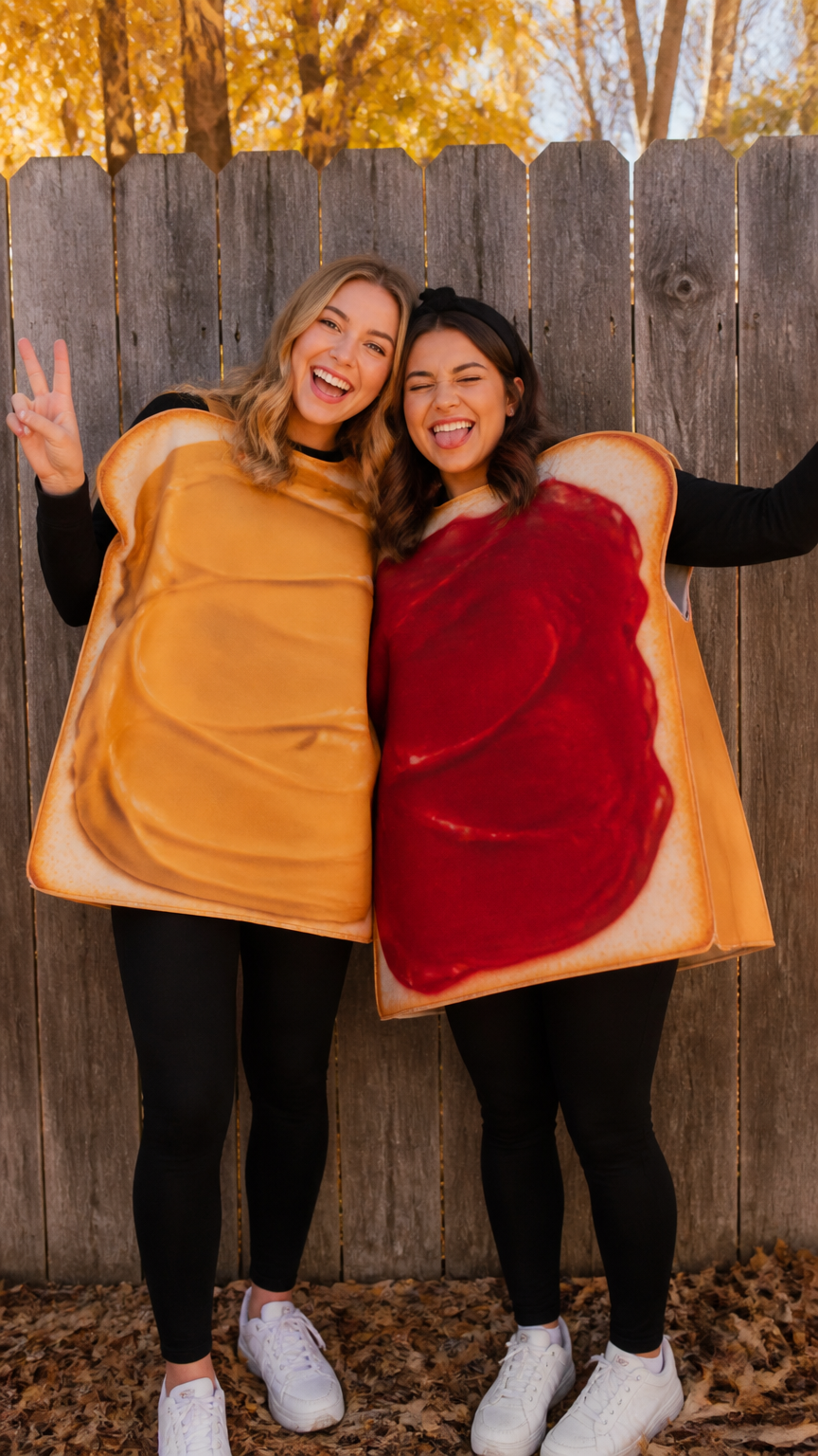 A high-resolution photograph of two best friends posing playfully in simple peanut butter and jelly slice costumes ma...